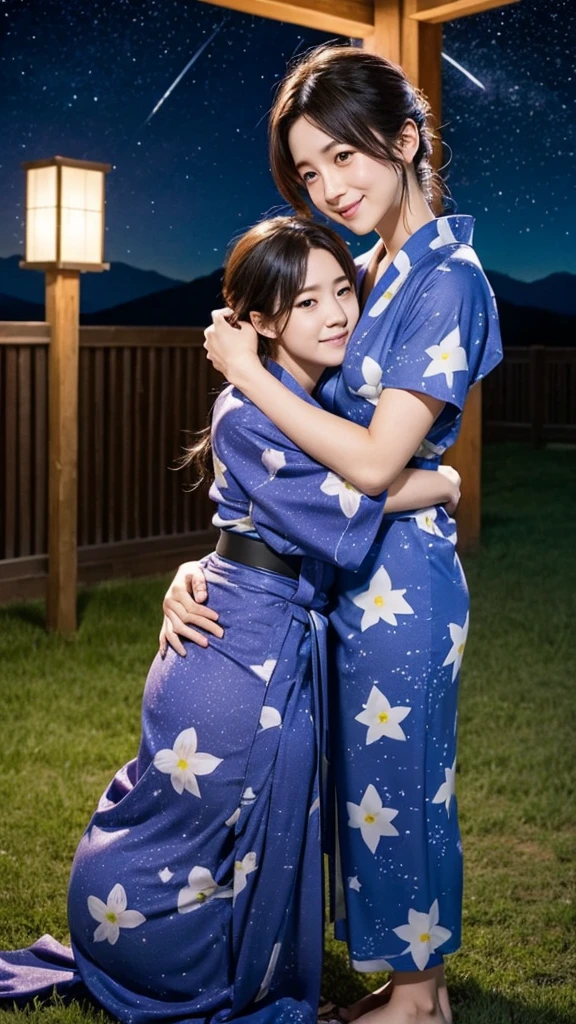 Wisteria flower yukata, navy blue, couple, night sea