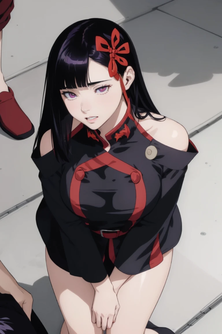 ((best quality)), ((masterpiece)), (detailed), (high resolution), perfect face, 1 Women, (violet slit eyes:1.3), (long black hair), Straight across bangs, (grown-up face:1.4), parted lips, A little big breasts, (naked towel:1.2), (holding towel:1.2), (towel on leg), lower body, (leaning forward:1.3), (molest), Stimulating, (Embarrassed face), (orgasm:1.2), (anime coloring:1.1), Stimulating, (Yamashiro Ren), Mato Seihei no Slave, looking at viewer, a red hair ribbon, 2d, illustration, 1old man, couple, hetero, wife cheating