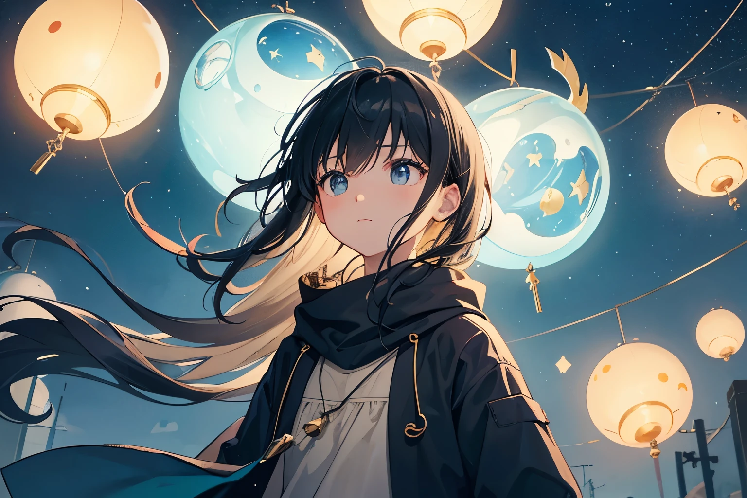 Created an illustration of countless wind chimes floating in the night sky. The sound of wind chimes, In a variety of colors, It emits a fascinating glow reminiscent of a starry sky.. On the ground, A boy or girl gazes in awe at a floating wind chime。. The overall theme must be fantastical and complex., Capturing the essence of nostalgia. I aim to create high-quality illustrations that convey a fantastical and nostalgic atmosphere..