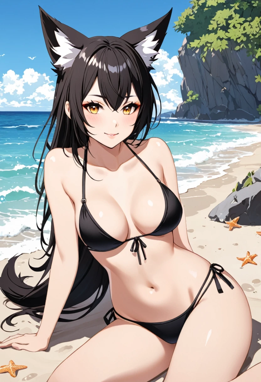 fox girl wearing black bikini sit on beach