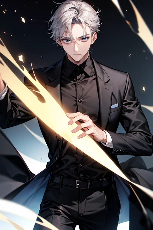 masterpiece, best quality, alone, male, black shirt, black pants, black coat, medium hair, gray hair, black eye, 35 year old boy, hyundai