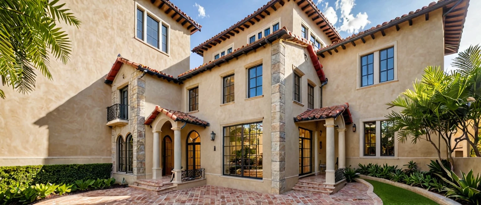 Red Tile Roof: The house features a curved red tile roof, typical of Mediterranean architecture.
Light-Colored Facade: The walls are painted in light colors (white or beige), creating a bright and airy feel.
Large, Arched Windows and Doors: The windows and doors have arches, a signature element of this style, enhancing natural light and indoor-outdoor connection.
Wrought Iron Balconies: Small balconies with wrought iron railings add classic charm.
Lush Greenery: The surrounding area is filled with plants and greenery, providing a natural, cool environment.
Stone Pathways: The entrance features large stone pavers, creating an inviting and open space.