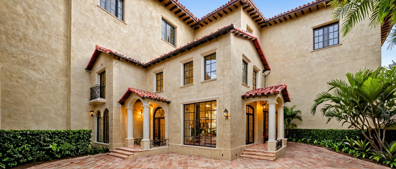 Red Tile Roof: The house features a curved red tile roof, typical of Mediterranean architecture.
Light-Colored Facade: The walls are painted in light colors (white or beige), creating a bright and airy feel.
Large, Arched Windows and Doors: The windows and doors have arches, a signature element of this style, enhancing natural light and indoor-outdoor connection.
Wrought Iron Balconies: Small balconies with wrought iron railings add classic charm.
Lush Greenery: The surrounding area is filled with plants and greenery, providing a natural, cool environment.
Stone Pathways: The entrance features large stone pavers, creating an inviting and open space.