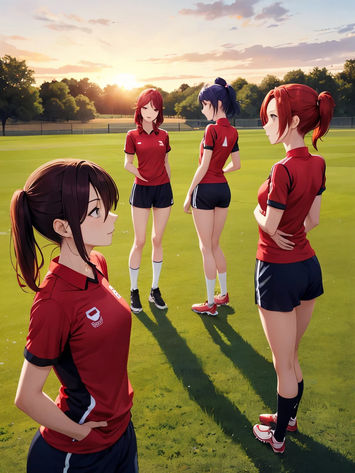 4 women, chatting, looking away,Red sports uniform, different hairstyle, different hair color, different eye color,At the training ground , morning, in the field, open area, aesthetic, sunrise, beautiful