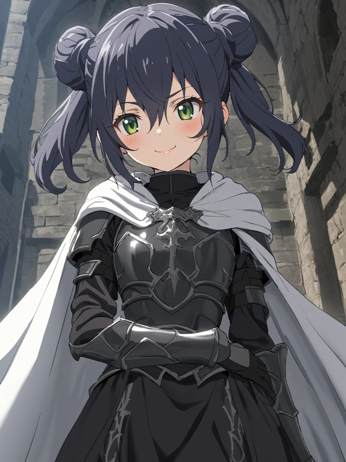 {{upper body, dutch angle}} {{Artist: sincos}} 1girl, solo, dark blue hair, green eyes, medium hair, twintails, double bun, black iron armor, black turtleneck, hair between eyes, long sleeves, smile, black full armor, tsurime, small woman, hand on own waist, black armored dress, black gloves, white cape, lips, pov, medieval fantasy.