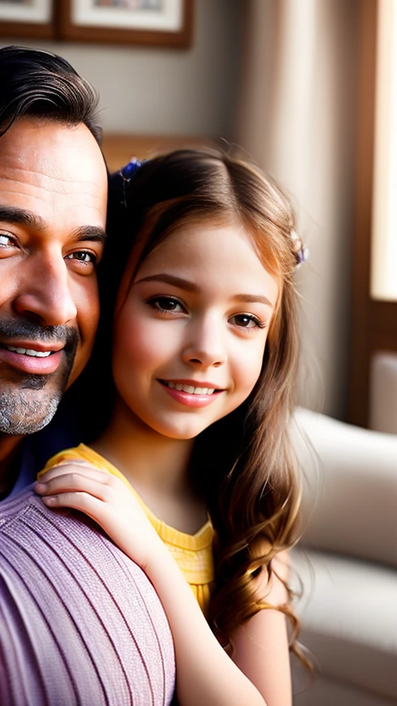 a father and daughter, daughter celebrating father's day, happy, beautiful detailed eyes, beautiful detailed lips, extremely detailed eyes and face, long eyelashes, portrait, warm lighting, soft colors, photorealistic, (best quality,4k,8k,highres,masterpiece:1.2),ultra-detailed,(realistic,photorealistic,photo-realistic:1.37),tender moment, heartwarming scene, father and daughter bonding, cherishing family time, loving embrace, joyful expression, cozy indoor setting, natural lighting, muted tones, emotional, intimate, beautiful