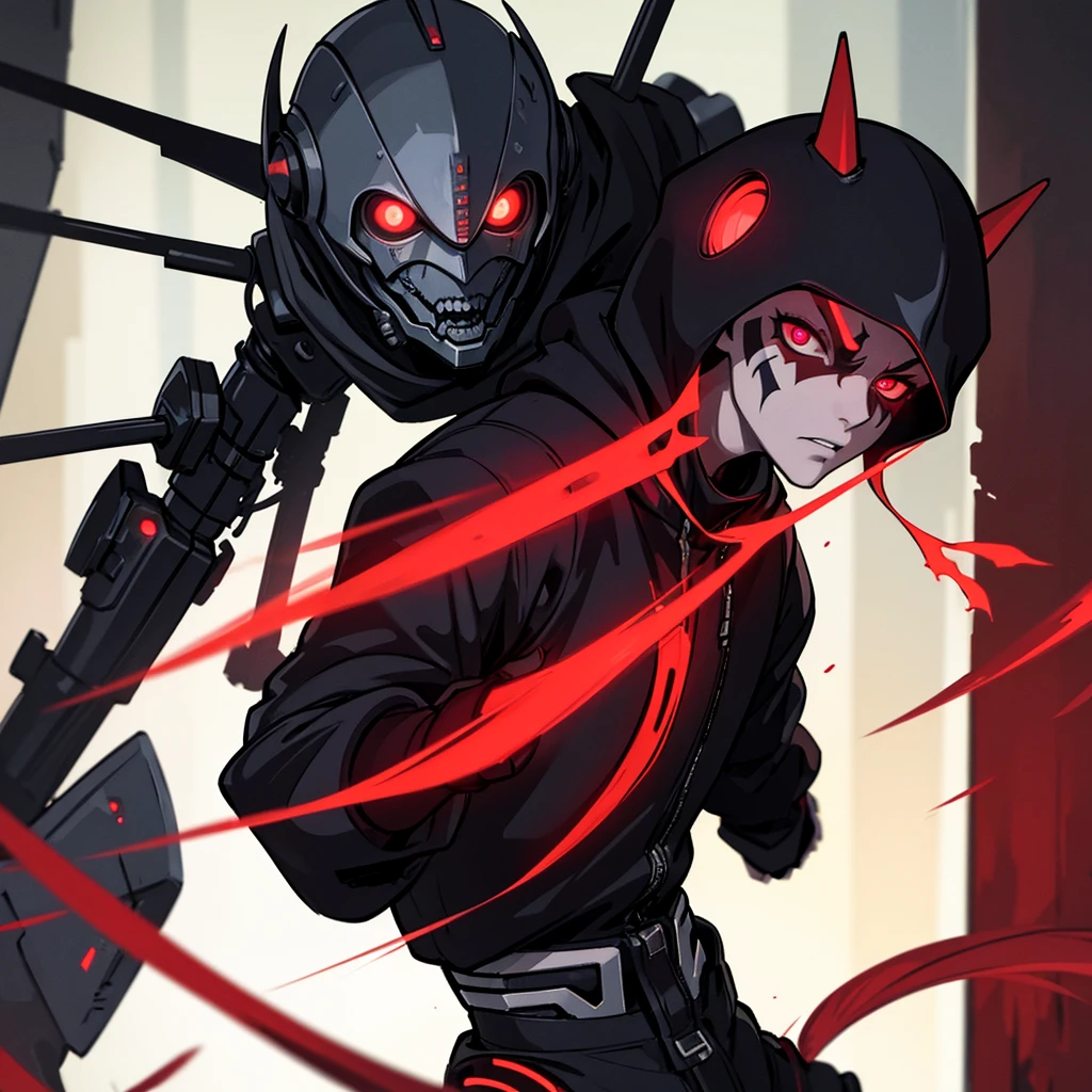 Tempera painting, Chiaroscuro, This is Junji, Gareth Pugh, Boston Dynamics, cyber punk, cyborg, One boy, age, Face Focus, Shoulder pads, Cultists, Red face paint, Combat Paint, Black hood, Crazy Eyes, alley, night, Neon Trim, Shorthand, close