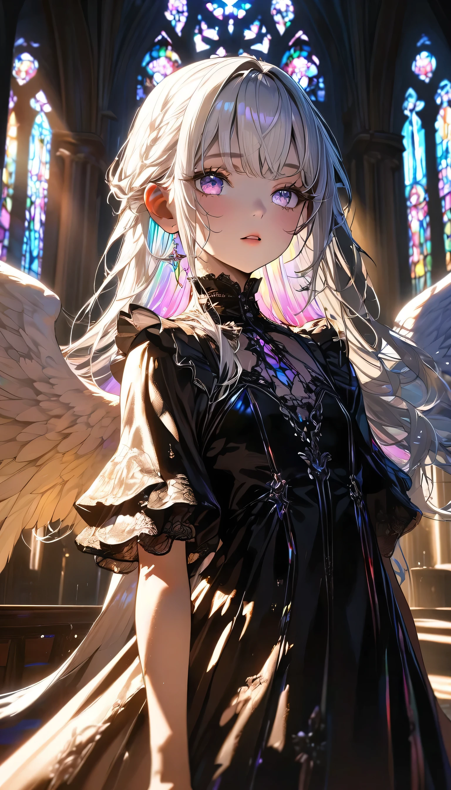 (absurdres:1.5), (highres), (best quality:1.1), (ultra-detailed:1.1), (an extremely delicate and beautiful), 1 girl, beautiful face, (detailed face), best quality, angel、White hair, iridescent inner hair color, flat chest, gothic dress, angel wings on her back, high resolution,high quality background, depth of field, cathedral with stained glass, colorful glass, high ceiling, (cinematic light:1.2), golden hour light, light sparkles, sunbeam,