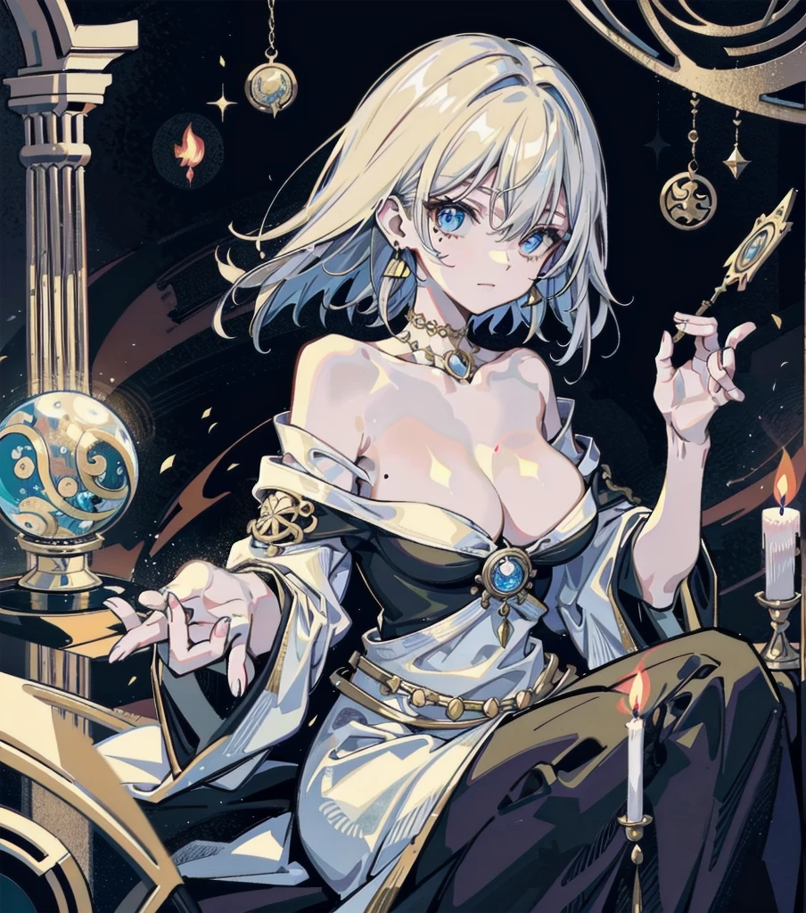 whole body, earring, medium hair, medium tits, tearful mole, dress, off-shoulder, bare collarbone, a beautiful fortune teller, ornate tarot cards, candlelit room, flowing robes,