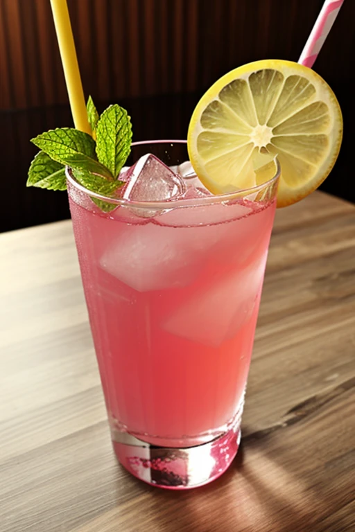 Clear Pink Cocktail、The lower half is yellow、A green cherry is at the bottom of the glass