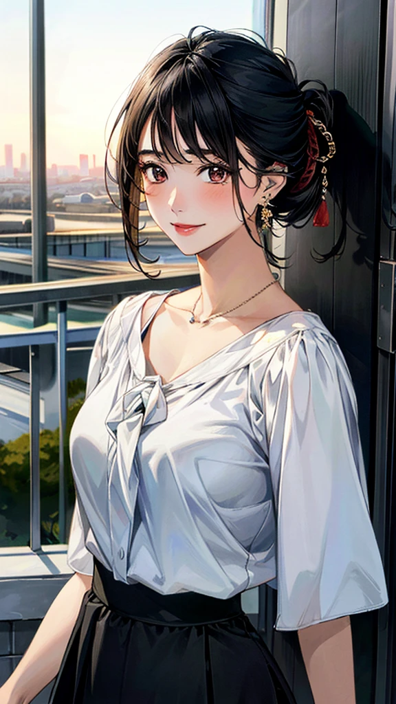 (masterpiece:1.3, Highest quality, Ultra-high resolution, Super detailed), (Realistic, photoRealistic:1.4), Beautiful illustrations, Perfect lighting, colorful, Depth of written boundary, 
Beautiful detailed hair, Beautifully detailed face, Beautiful fine details, Beautiful clavicle, Beautiful body, Beautiful breasts, Beautiful thighs, Beautiful feet, Beautiful fingers, 
View Viewer, Front view:0.6, 1 girl, Japanese, Female college student, Perfect Face, (Perfect Anatomy, Anatomically correct), Cute and symmetrical face, , , Shiny skin, 
((blouse：1.4, Long skirt:1.4)), 
(Black Hair, Updo Hair:1.4),  Brown eyes, Long Eyelashes, (Medium chest), thin, 
necklace, Earrings, 
(Beautiful views), evening, (city, cityscape in the distance), Are standing, (Place your hand on your chest), (Smile, Lips parted), 