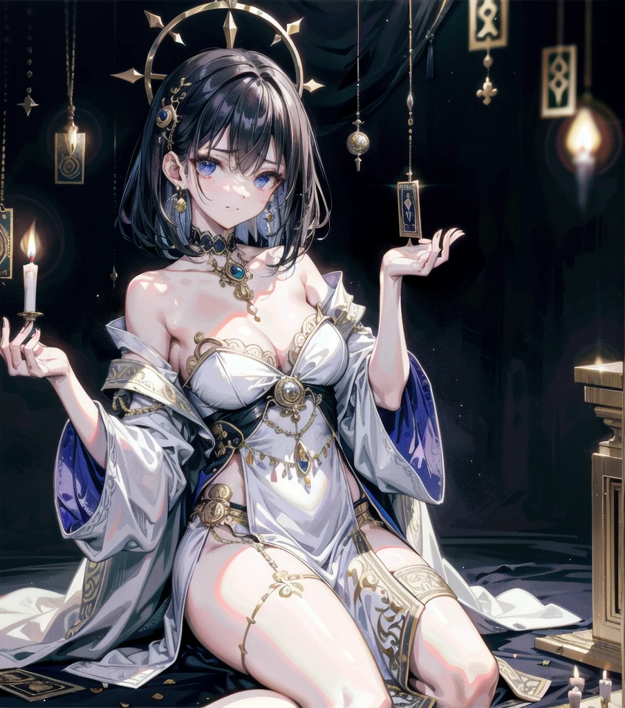 whole body, earring, medium hair, medium tits, tearful mole, dress, off-shoulder, bare collarbone, a beautiful fortune teller, ornate tarot cards, candlelit room, flowing robes,