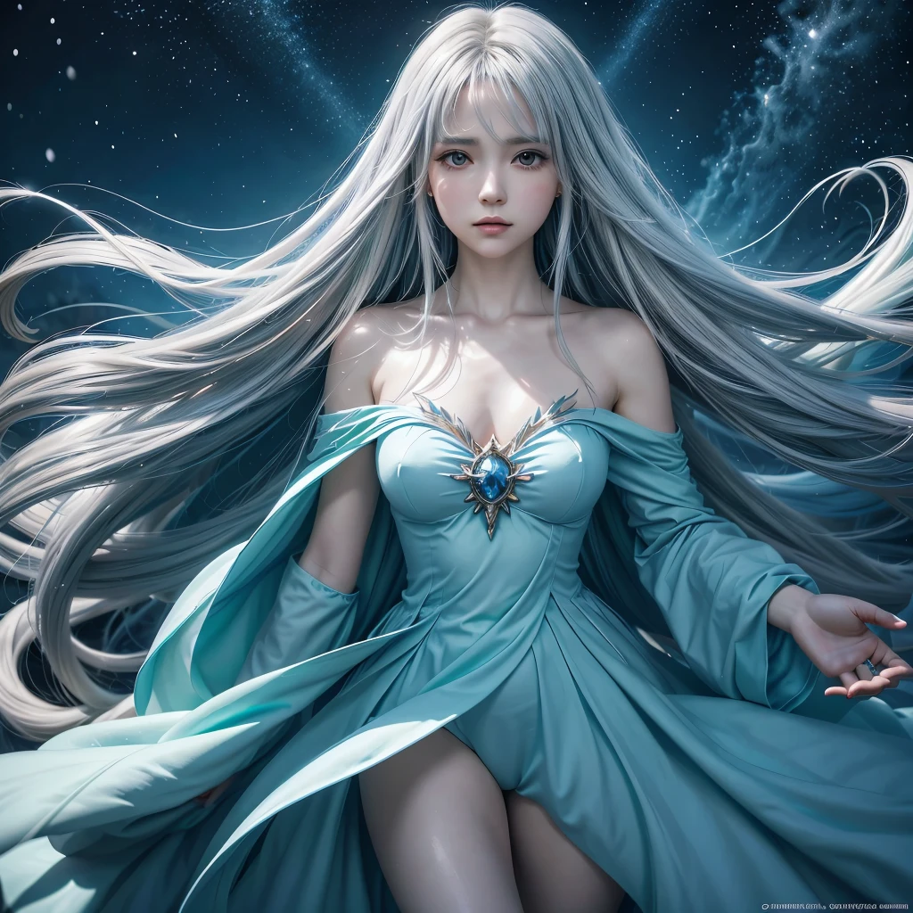 garota anime com longos cabelos brancos e um vestido azul na neve, divindade de cabelos brancos, cabelos brancos flutuando no ar, anime fantasy illustration, flowing white hair, beautiful young wind spirit, belo anime de fantasia, shiny and flowing hair, ethereal anime, lindas obras de anime, linda arte digital, arte de fantasia de anime, ((uma linda imperatriz de fantasia)), 2. 5 d cgi arte de fantasia de anime