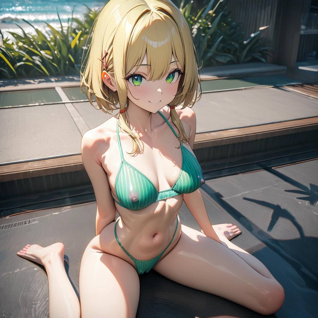 (finely detail:1.4), 1girl, (short stature), (slender), narrow waist, yellow blonde hair, short hair, short hair with short locks, side locks, X hairpin, (green eyes), smile, wariza,medium breasts, ((horizontal striped pattern)), (green striped bikini) , cameltoe, covered erectile nipples, (8K, ultra high res, masterpiece, best quality:1.3)(sunny place outdoors:1.4),