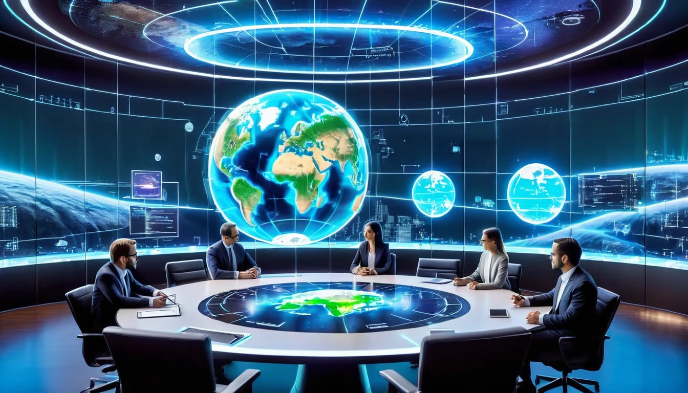 high-tech meeting room where business professionals are engaging with a large, detailed hologram of the Earth in the center of the room. The hologram shows various data points and analytics. The room features minimalist design with glass walls and advanced communication devices