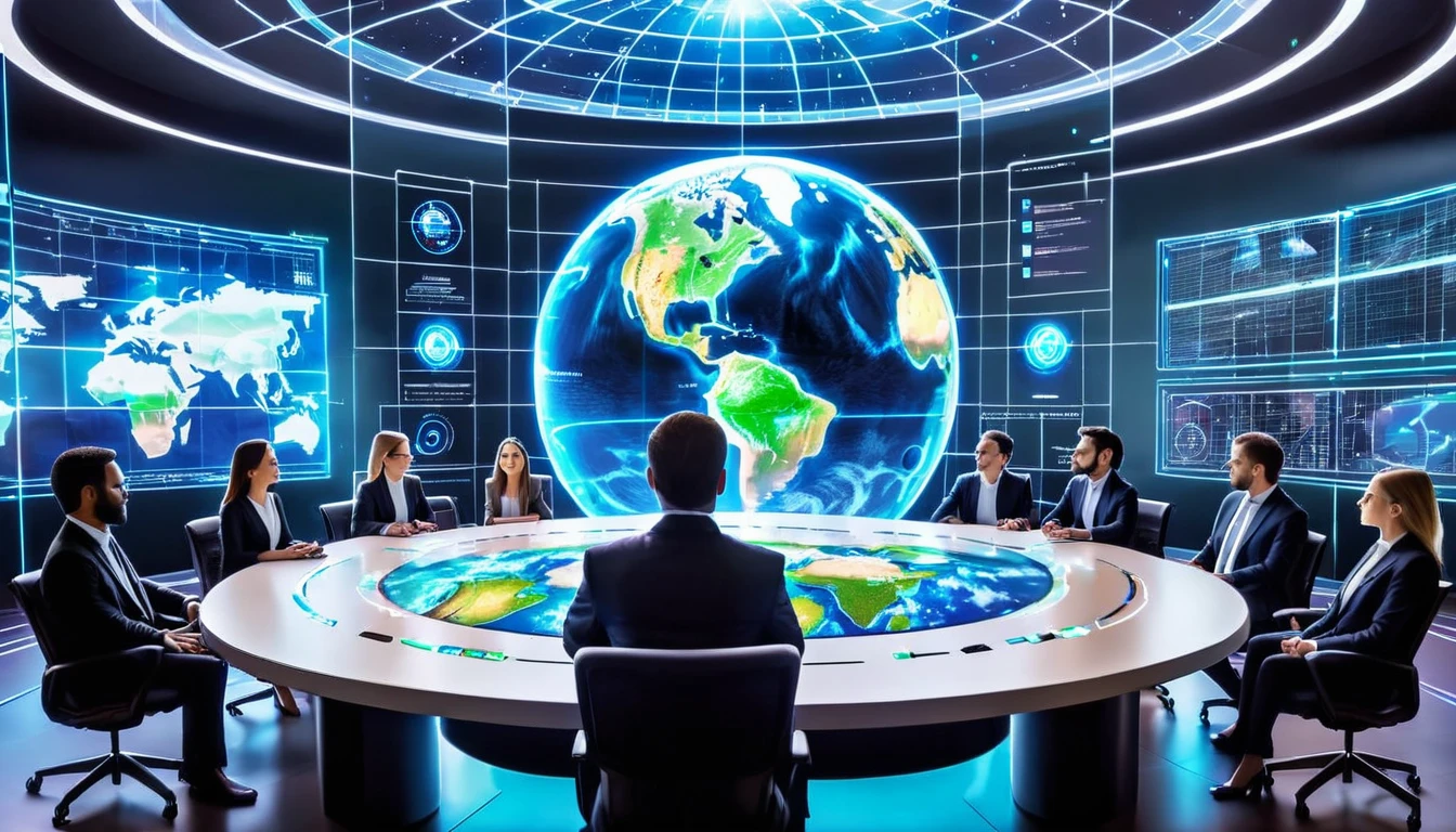 high-tech meeting room where business professionals are engaging with a large, detailed hologram of the Earth in the center of the room. The hologram shows various data points and ytics. The room features minimalist design with glass walls and advanced communication devices