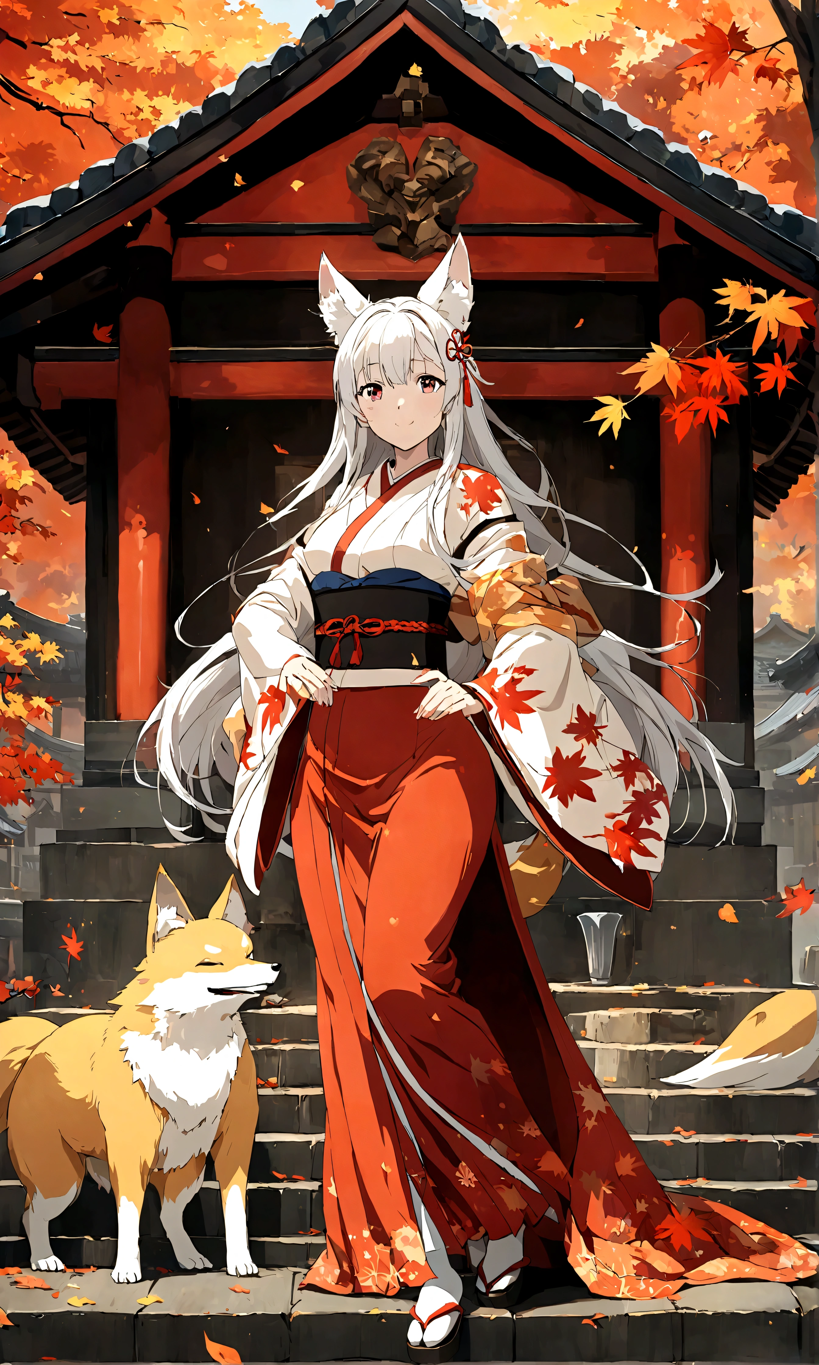 (Fox ears),Mature and elegant sister,身穿kimono的女性、long hair,(kimono,White tabi socks and clogs),shrine,shrine的少女,gentle smile,美丽的shrine风景,autumn,maple,Anime Background,Japanese art style,, 8K,Fallen Leaves