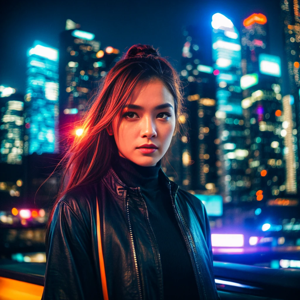 "Futuristic cityscape at night with tall skyscrapers and neon lights. In the foreground, a female android stands, appearing almost human with some visible metallic elements. She has a kind and determined expression. Warm light surrounds her, symbolizing hope and dreams. The android holds a small glowing orb in her hand. The color palette includes deep blues and purples of the night, contrasted by the warm oranges and pinks of the neon lights. The scene should convey a blend of futuristic technology and human emotion."。 High resolution, masterpiece, Highest quality, Intricate details, Very detailed, Clear focus, Delicate skin, practical skin texture, texture, Delicate eyes, Professional, 4K, Shot with Canon, 85mm, Shallow and deep, Kodak Vision Color, Exactly, Very detailed, photograph_\(Extremist\), photographpractical, practical, Post-processing, Maximum details, Roughness, Real Life, Extremist practical, Photorealism, photographgraphy, 8K Ultra HD, photographgraphy