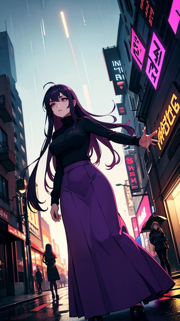 night, Colorful cyberpunk city background, rain, street, (Very long hair:1.25), Dark purple hair, Purple Eyes Shining Eyes, Big Breasts, Turtleneck sweater, (Long skirt:1.25), Colorful Skirts, (Be incontinent:1.5), Stern expression, black, Backlight, shine, Find your audience, Low angle shot, Look up at the camera, Perfect composition, Perfect light and shadow, 8k