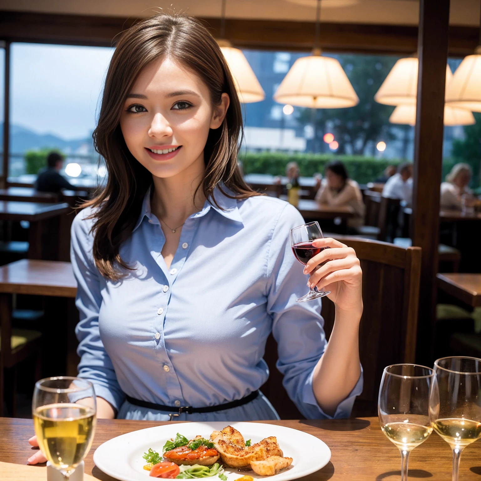((Highest quality、8k、masterpiece:1.3))、1 male、1 female、Couple、spouse、Couple、The body is slim、((Bob Hale、Straight hair:1.2)), (Realistic, Intricate details:1.2), テーブルの上のwine glass、Put the light on your face、 Amazing view of the sunset sky and clouds、Amazing mountain views、A bright smile、The wonderfulness of smile、Bright image、The beauty of wine, Beautiful Face, blue eyes, The light shines on your face, Blushing, short hair,Bright Face、 (Age 37), 39 years old, red wine 、Appetizers、Italian food、Wine bottle、Champagne、sparkling wine、Two beauties、Brown Hair、Shortcuts、Long sleeve shirt、dress、Pretty Woman 1, (slimな顔), (The body is slim), (Brown Hair), (Shortcuts), cheeks turn a little red,Attractive beauty、restaurant, In a prominent place (From the waist up) Nova Frog Style, actress, model, Upper Body, White wine, slim, wine glass, 中央に置かれたwine glass, smile, (smile: 1.15), Beautiful fine grain, Depth f/2,saturation, High Contrast, Strong light and shadow,Moist Body:1.5、3D texture、Delicate eyes、Brown Hair、The hair is very shiny、