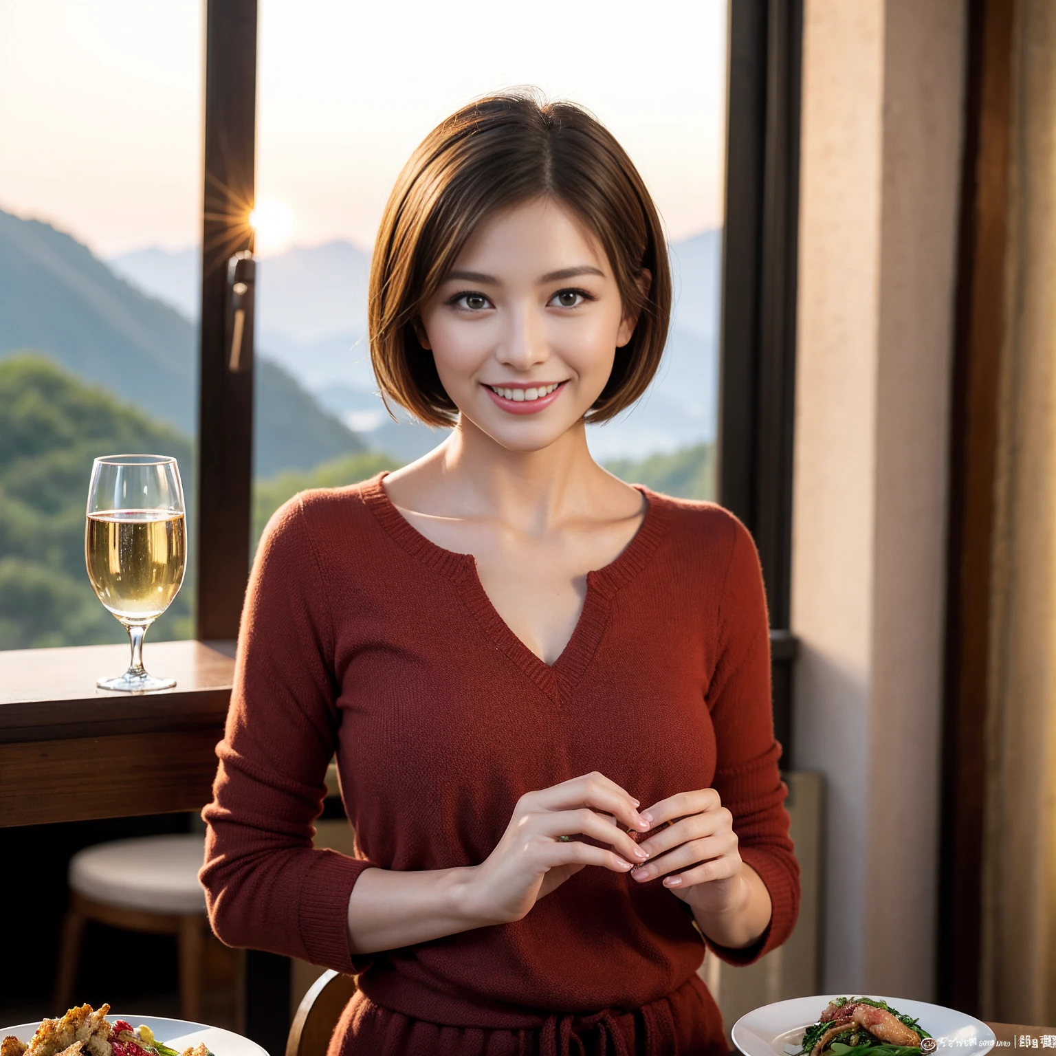 ((Highest quality、8k、masterpiece:1.3))、1 male、1 female、Couple、spouse、Couple、The body is slim、((Bob Hale、Straight hair:1.2)), (Realistic, Intricate details:1.2), テーブルの上のwine glass、Put the light on your face、 Amazing view of the sunset sky and clouds、Amazing mountain views、A bright smile、The wonderfulness of smile、Bright image、The beauty of wine, Beautiful Face, blue eyes, The light shines on your face, Blushing, short hair,Bright Face、 (Age 37), 39 years old, red wine 、Appetizers、Italian food、Wine bottle、Champagne、sparkling wine、Two beauties、Brown Hair、Shortcuts、Long sleeve shirt、dress、Pretty Woman 1, (slimな顔), (The body is slim), (Brown Hair), (Shortcuts), cheeks turn a little red,Attractive beauty、restaurant, In a prominent place (From the waist up) Nova Frog Style, actress, model, Upper Body, White wine, slim, wine glass, 中央に置かれたwine glass, smile, (smile: 1.15), Beautiful fine grain, Depth f/2,saturation, High Contrast, Strong light and shadow,Moist Body:1.5、3D texture、Delicate eyes、Brown Hair、The hair is very shiny、