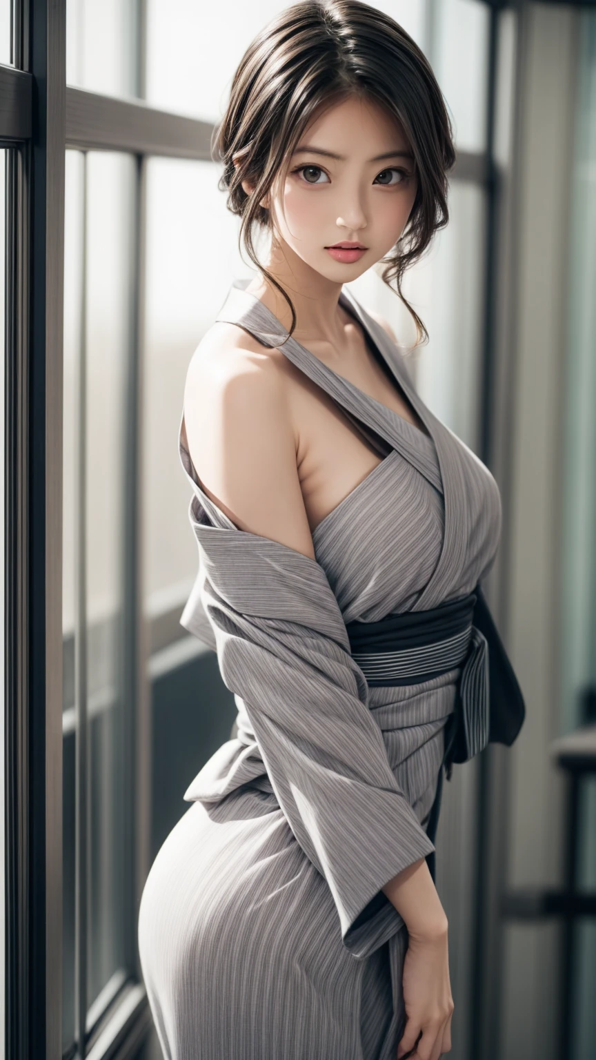 8K quality、High resolution、Realistic skin texture、High resolutionの瞳、woman、A grey yukata with the shoulders open、One-shoulder yukata、Princess Hair、thin、リアルなwoman性器、Small breasts、Realistic tongue、Gray Hair、thin脚、Wet body、Reader model、Slender model figure、Bold Pose、