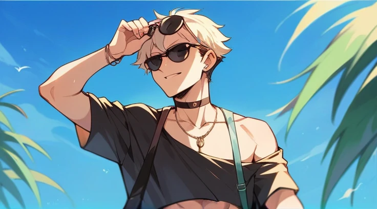 the man in the sexy bikini is holding a beverage and some tropical foliage in his hand, horns, blonde hair, solo, pointy ears, smile, 1boy, braid, male focus, navel, looking at viewer, green eyes, long hair, swimsuit, outdoors, palm tree, bikini, red scarf, grinboy elves in the sunshine, horns, pointy ears, swimsuit, green eyes, blonde hair, bikini, long hair, jewelry, elf, sarong, multiple boys, braid, earrings, big red curly hair elf, pointy ears, navel, blonde hair, 1boy, animal print, cow print, scarf, white hair, arms behind backthese two guys are no pants on a stand, arms behind back, male focus, multiple boys, blue eyes, blush, bulge,(((male,skirt))),male,gay,Scars, tanned skin, drinking, smiling fearlessly, demon king,Kawaii, cute, pretty, anime, pastel, neon