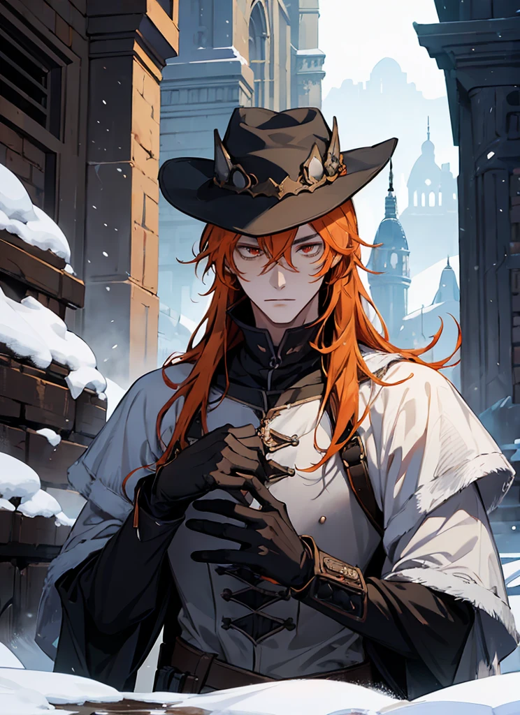 1man cat tribe Gunslinger,Coldplace,fantasy, orangehair, cat ear, tall, glove, wearing hat, handsome, villian face, red eye, 21 yearold, wearing white winter armor, game of throne, male, no ear, long hair curry