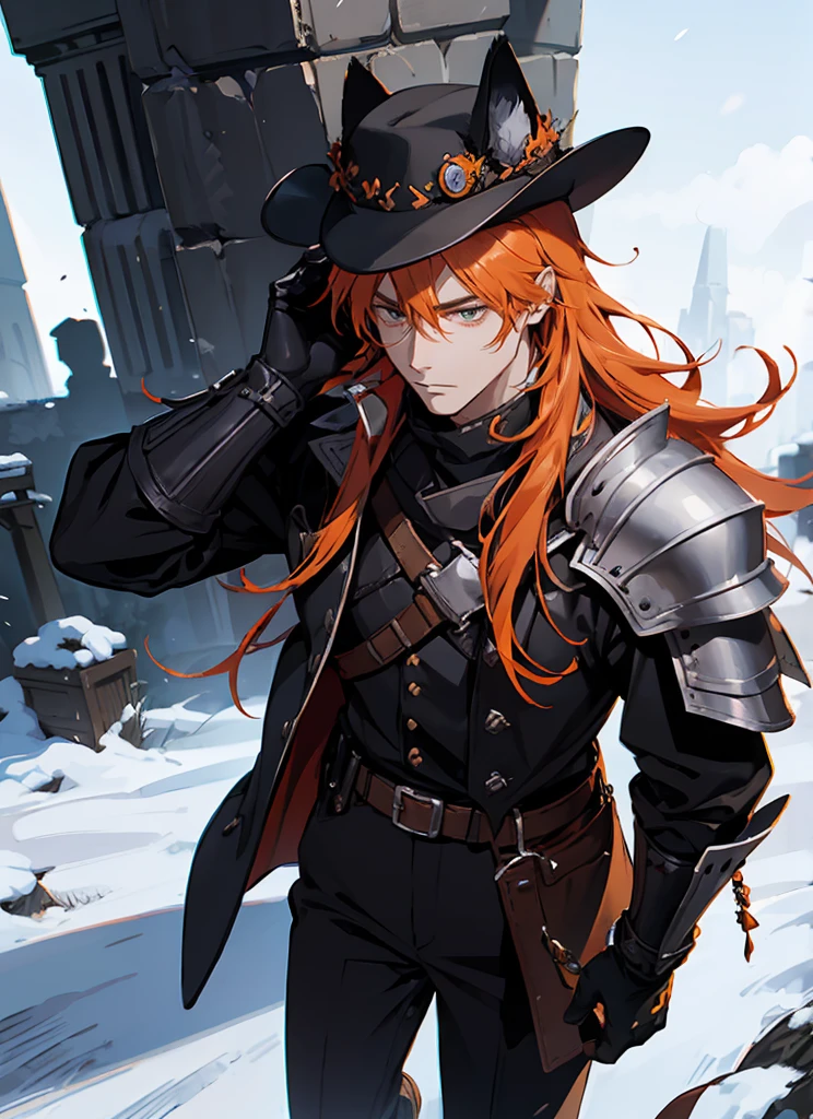 1man cat tribe Gunslinger,Coldplace,fantasy, orangehair, cat ear, tall, glove, wearing hat, handsome, villian face, red eye, 21 yearold, wearing white winter armor, game of throne, male, no ear, long hair curry