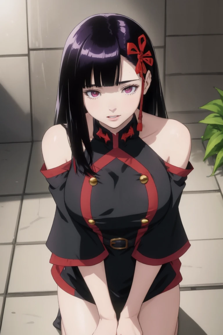 ((best quality)), ((masterpiece)), (detailed), (high resolution), perfect face, 1 Women, (violet slit eyes:1.3), (long black hair), Straight across bangs, (grown-up face:1.4), parted lips, A little big breasts, (naked towel:1.2), (holding towel:1.2), (towel on leg), lower body, (leaning forward:1.3), (molest), Stimulating, (Embarrassed face), (orgasm:1.2), (anime coloring:1.1), Stimulating, (Yamashiro Ren), Mato Seihei no Slave, looking at viewer, a red hair ribbon, 2d, illustration, 1old man, couple, hetero, wife cheating