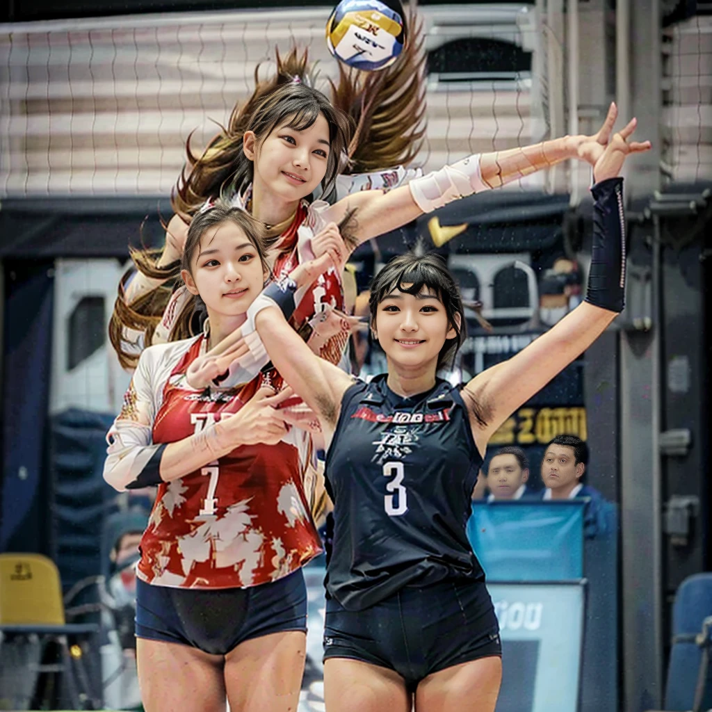 Highest quality,masterpiece,Ultra-high resolution, Very detailed, 8k,Beautiful 25 year old Japanese woman:1.5, blunt bangs, Very short hair、 Small face, Breast Augmentation Surgery、 (very tall volleyball player:1.5), Condescending smile:1.8、 Very detailedな臭い脇の下