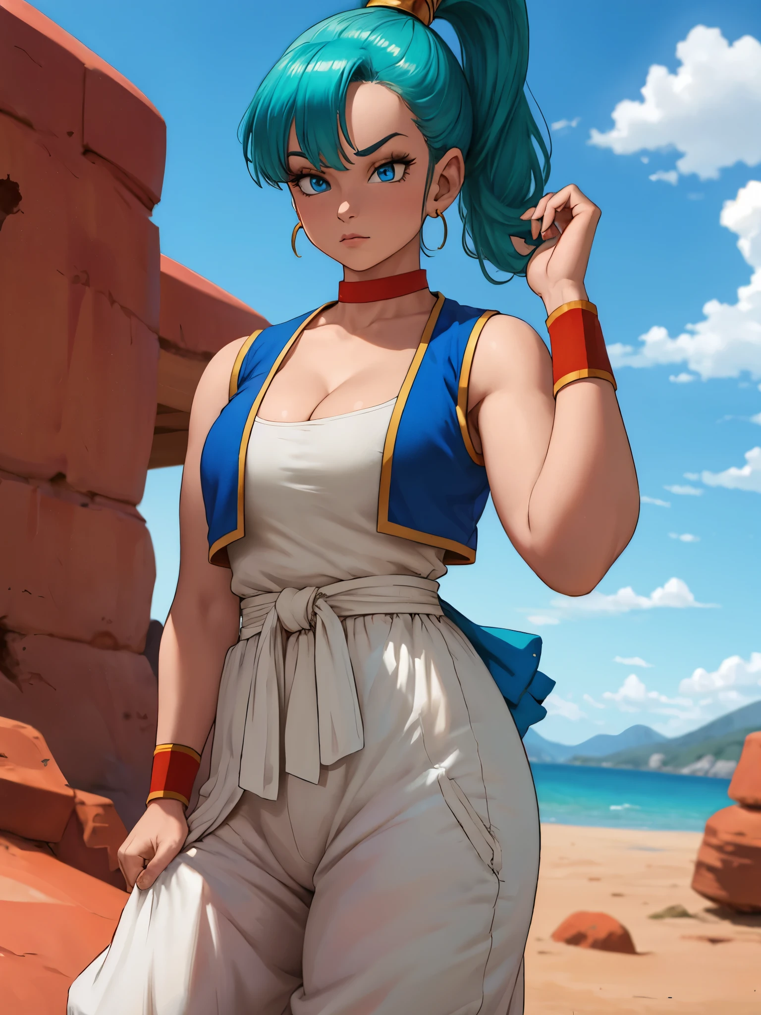 1girl, masterpiece, best_quality:0.5, highres, 4K image, (incredible_details:0.7), absurdes, ((cowboy_angle_shot:0.4)), sharpen image, bulma, 1girl, solo, blue eyes, blue hair, aqua hair, bangs, hair, high ponytail, earrings, arabian clothes, white shirt, blue vest, white pants, baggy pants, red sash, bare shoulders, sleeveless, (deep cleavage), yellow choker, wristband, neck ring, perfect tits, perfect body, shining skin, warm sunnyday, outdoors, desert scenery