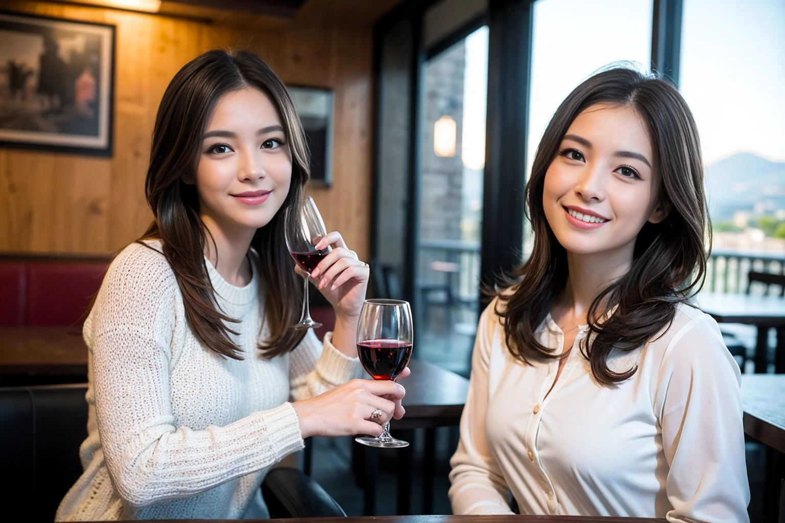 ((Highest quality、8k、masterpiece:1.3))、1 male、1 female、Couple、spouse、Couple、The body is slim、((Bob Hale、Straight hair:1.2)), (Realistic, Intricate details:1.2), テーブルの上のwine glass、Shine light on your face、 Amazing view of the sunset sky and clouds、Amazing mountain views、A bright smile、The wonderfulness of smile、Bright image、The beauty of wine, Beautiful Face, blue eyes, The light shines on your face, Blushing, short hair,Bright Face、 (Age 37), 39 years old, red wine 、Appetizers、Italian food、Wine bottle、Champagne、sparkling wine、Two beauties、Brown Hair、Shortcuts、Long sleeve shirt、dress、Pretty Woman 1, (slimな顔), (The body is slim), (Brown Hair), (Shortcuts), cheeks turn a little red,Attractive beauty、restaurant, In a prominent place (From the waist up) Nova Frog Style, actress, model, Upper Body, White wine, slim, wine glass, 中央に置かれたwine glass, smile, (smile: 1.15), Beautiful fine grain, Depth f/2,saturation, High Contrast, Strong light and shadow,Moist Body:1.5、3D texture、Delicate eyes、Brown Hair、The hair is very shiny、