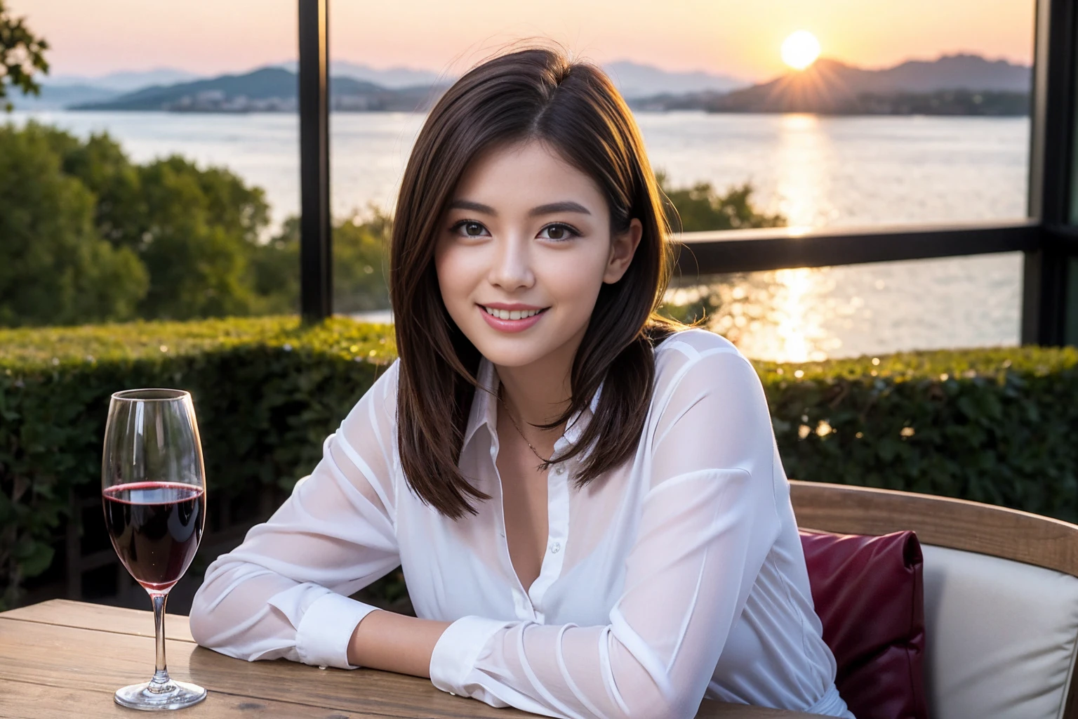 ((Highest quality、8k、masterpiece:1.3))、1 male、1 female、Couple、spouse、Couple、The body is slim、((Bob Hale、Straight hair:1.2)), (Realistic, Intricate details:1.2), テーブルの上のwine glass、Shine light on your face、 Amazing view of the sunset sky and clouds、Amazing mountain views、A bright smile、The wonderfulness of smile、Bright image、The beauty of wine, Beautiful Face, blue eyes, The light shines on your face, Blushing, short hair,Bright Face、 (Age 37), 39 years old, red wine 、Appetizers、Italian food、Wine bottle、Champagne、sparkling wine、Two beauties、Brown Hair、Shortcuts、Long sleeve shirt、dress、Pretty Woman 1, (slimな顔), (The body is slim), (Brown Hair), (Shortcuts), cheeks turn a little red,Attractive beauty、restaurant, In a prominent place (From the waist up) Nova Frog Style, actress, model, Upper Body, White wine, slim, wine glass, 中央に置かれたwine glass, smile, (smile: 1.15), Beautiful fine grain, Depth f/2,saturation, High Contrast, Strong light and shadow,Moist Body:1.5、3D texture、Delicate eyes、Brown Hair、The hair is very shiny、