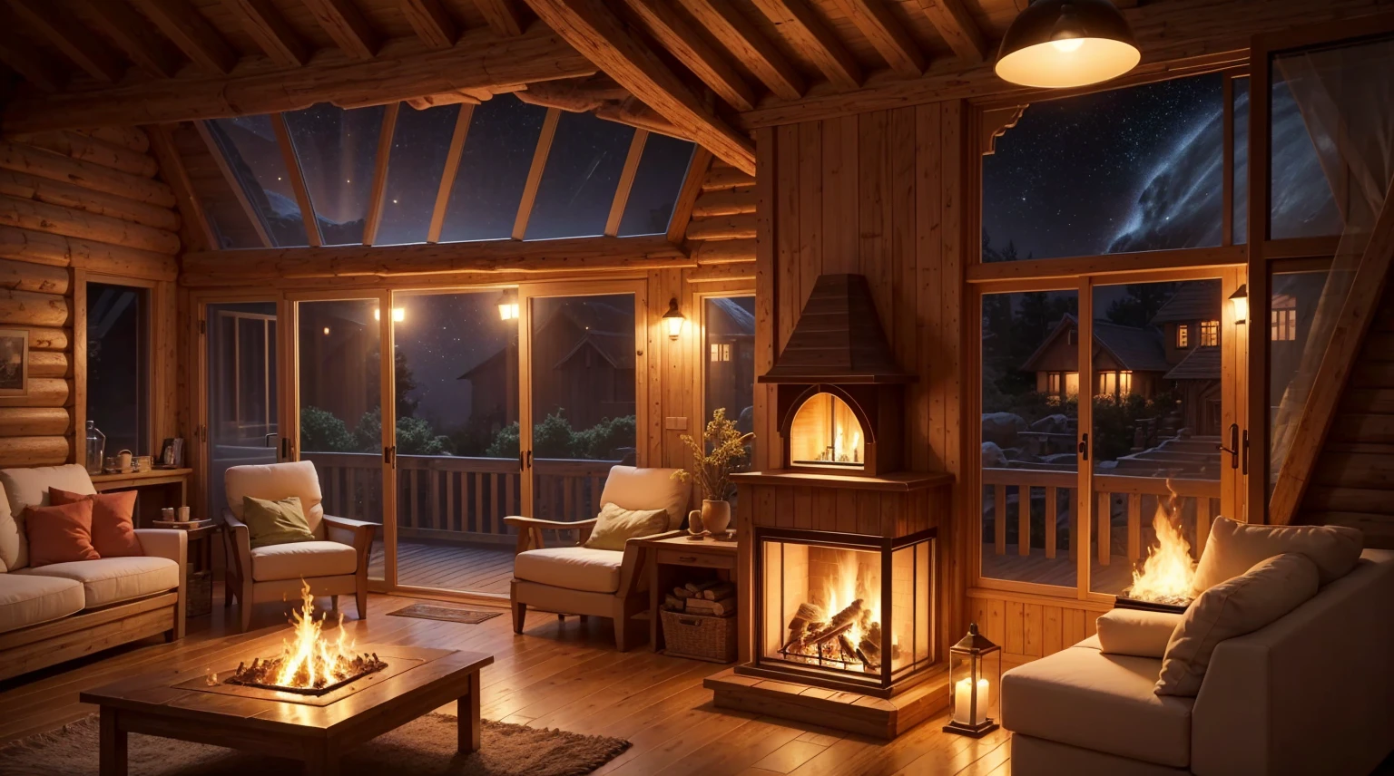 Cartoon background of wooden house living room, This night outside](Comfortable atmosphere), (Soft lighting), Bright stone fireplace fire, This is the best night, Transparent glass window