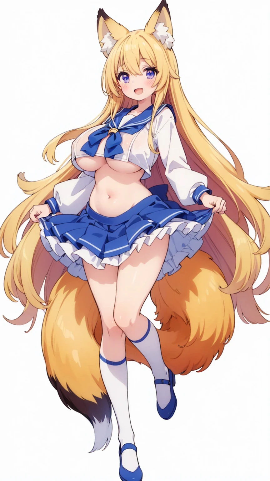 ((A Pretty high school girl with fox ears ana fox tail)), ((wearing the sailor suit)), Baby face, only one person, ((top-quality, master piece, ultra-definition, high resolution)), anime, ((ultra-detailed illust:1.2)), bangs, hair between eye, blonde hair, beautiful hair, purple colored eyes, Shiny eyes, ((detailed eyes:1.2)), ((super gigantic breasts:1.3)), ((underboob)), huge tits, Soft breasts, belly button, Big smile, blushing, big smile, ((full body)), opened mouth, simple white background