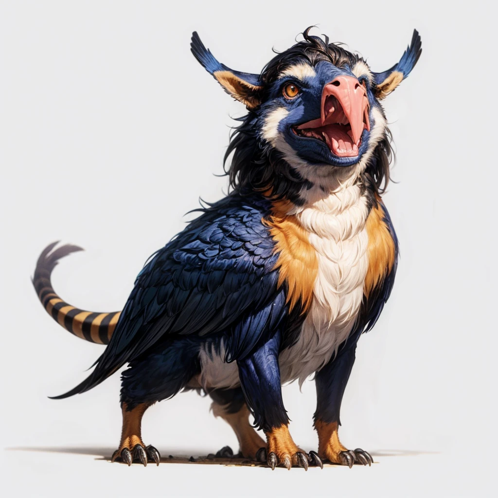 Small Animaly, has blues stripes on his skin, his body is shaped like a mammoth but his face is like a vulture and a fire, Grassroots background 