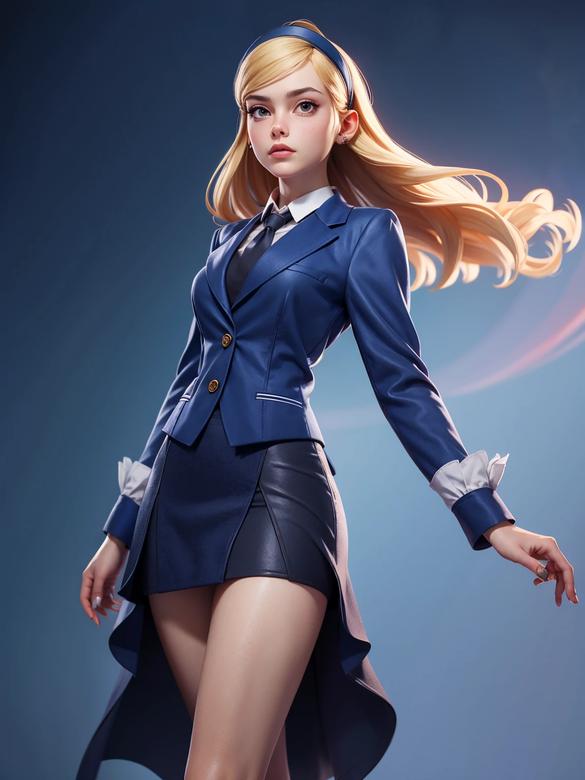 3DMM style, (Masterpiece, Top Quality, Best Quality, Official Art, Beauty and Aesthetic: 1.2), (Fractal Art: 1.3), 1 Girl, Beautiful, High Detail, Blonde, Short Hair, Hairband, Dark Light, Serious Face, Looking Up, Sky, Medium Background, Flowing Skirt, (((Dark Blue Three-Piece Suit))), Dress Shirt, Tie, Sport Coat, Suit Jacket, Vest, Tight Skirt, Jewelry