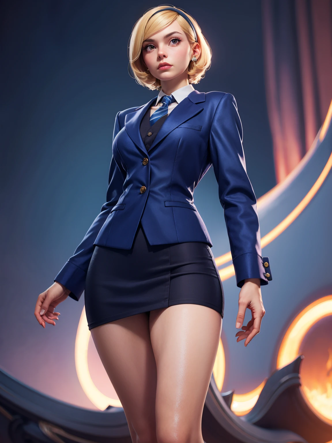 3DMM style, (Masterpiece, Top Quality, Best Quality, Official Art, Beauty and Aesthetic: 1.2), (Fractal Art: 1.3), 1 Girl, Beautiful, High Detail, Blonde, Short Hair, Hairband, Dark Light, Serious Face, Looking Up, Sky, Medium Background, Flowing Skirt, (((Dark Blue Three-Piece Suit))), Dress Shirt, Tie, Sport Coat, Suit Jacket, Vest, Tight Skirt, Jewelry