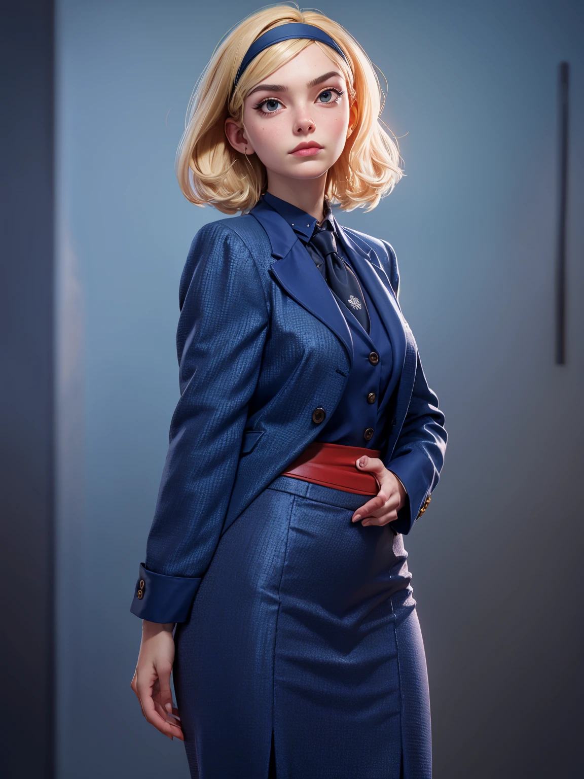 3DMM style, (Masterpiece, Top Quality, Best Quality, Official Art, Beauty and Aesthetic: 1.2), (Fractal Art: 1.3), 1 Girl, Beautiful, High Detail, Blonde, Short Hair, Hairband, Dark Light, Serious Face, Looking Up, Sky, Medium Background, Flowing Skirt, (((Dark Blue Three-Piece Suit))), Dress Shirt, Tie, Sport Coat, Suit Jacket, Vest, Tight Skirt, Jewelry