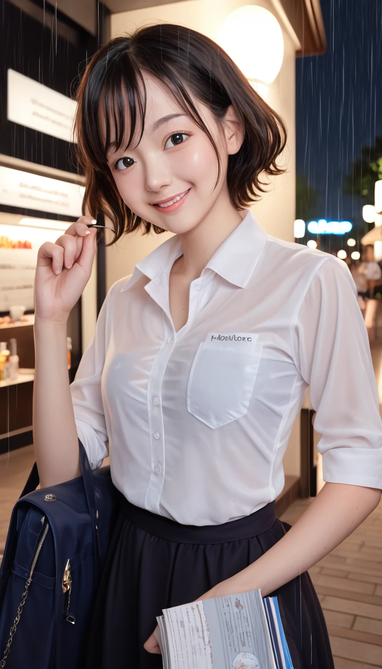 (8K, Top quality, masterpiece: 1.2), (Practical, photoPractical: 1.37), Very detailed, 1 girl, , Solitary, small breasts, Beautiful and detailed sky, Detailed café, night, (blush), (Smile: 1.15), (Shut up), small, (Collared shirt: 1.1), night, wet, Office Clothing, rain, White lace, (short hair: 1.2), Flowing HairNovaFrogStyle, Casual sexy pose,