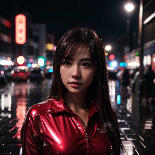 Girl in rain、realistic、realistic、cinematic lighting, Girl in a shiny red and silver suit、15 years old、professional photos、Don&#39;Do not expose your skin, japanese model, japanese cgi、Ultraman Suit、, Power Rangers Suit、tight and thin cyber suit,Whole body rubbery、There&#39;s pink There、 delicate body, big breasts、small ass、thin thighs、thin arms、thin waist、camel toe、Both sides of the cyber suit stick to the skin、Big eyes、black short hair、facing the front、facing the front立っている、A glowing sphere is embedded in the chest.、Essay Examination、 blue sky background