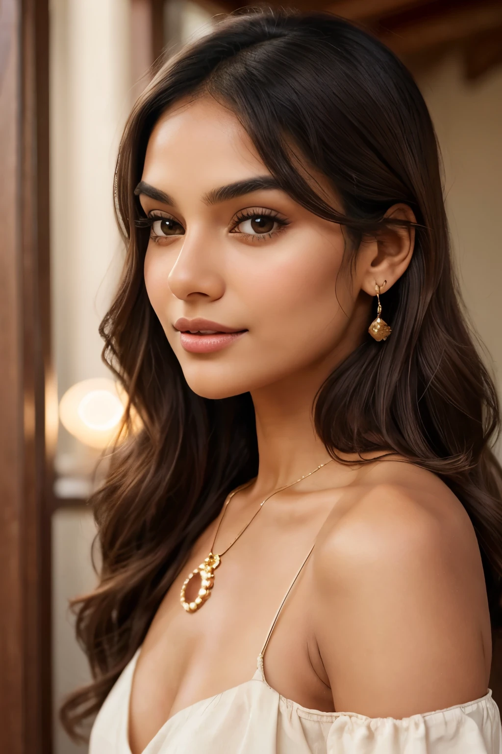 Create an image of a fair Indian girl with an oval face, a warm undertone, and a naturally radiant complexion. She has long, silky dark brown hair that flows to her mid-back, styled in loose waves. Her expressive deep brown almond-shaped eyes have long, thick lashes and well-defined arched eyebrows. Her nose is elegantly straight, and her full, rosy lips often curve into a gentle smile. High cheekbones with a natural blush complement her softly rounded, well-defined jawline and slightly pointed chin. She wears minimal, natural makeup and simple jewelry like small earrings and a delicate necklace, dressed in a blend of modern and traditional fashion for a sophisticated and approachable look.