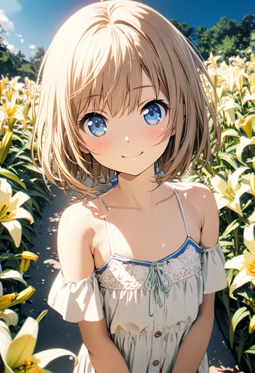 1 girl, 18yo, (flat chest: 1.5), blue eyes, light brown hair, bob cut, early summer outfit, smiling, posing, having fun, upper body, Lily Garden with yellow lilies in bloom, path, blue sky, 8k, RAW photo, best quality, masterpiece, extremely detailed 8k wallpaper, ultra-detailed, best shadow, detailed background, beautiful detailed face, beautiful detailed eyes, nice hands, perfect hands