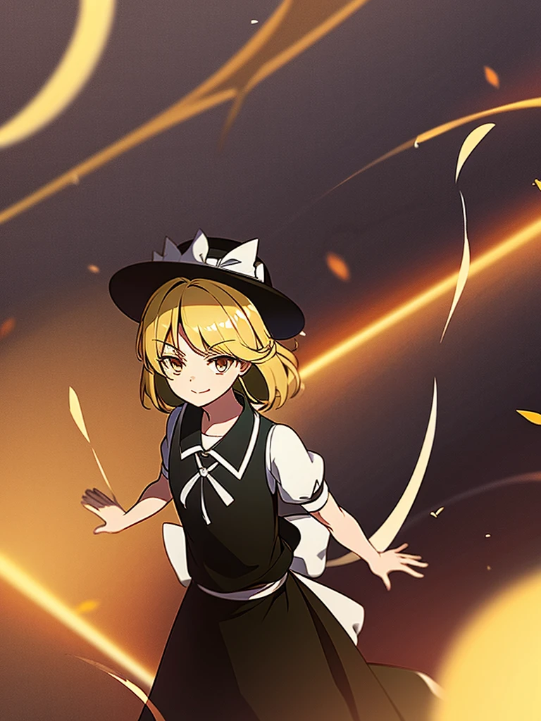 1girl, , , masterpiece, best quality, , medium blonde hair, forehead visible bags, yellow eyes, hat, heart, black headwear, puffy short sleeves, log black skirt, heart hads,,1girl, solo, yellow eyes, yellow hair, bow, hat bow, socks, black footwear, black skirt, short sleeves, yuki (touhou), black vest, white sleeves, frill skirt, light smile