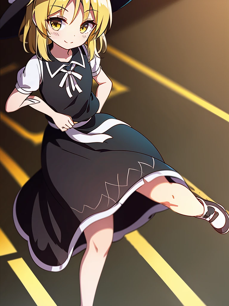 1girl, , , masterpiece, best quality, , medium blonde hair, forehead visible bags, yellow eyes, hat, heart, black headwear, puffy short sleeves, log black skirt, heart hads,,1girl, solo, yellow eyes, yellow hair, bow, hat bow, socks, black footwear, black skirt, short sleeves, yuki (touhou), black vest, white sleeves, frill skirt, light smile