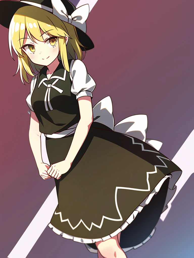 1girl, , , masterpiece, best quality, 10 years old, medium blonde hair, forehead visible bags, yellow eyes, hat, heart, black headwear, puffy short sleeves, log black skirt, heart hads,,1girl, solo, yellow eyes, yellow hair, bow, hat bow, socks, black footwear, black skirt, short sleeves, yuki (touhou), black vest, white sleeves, frill skirt, light smile