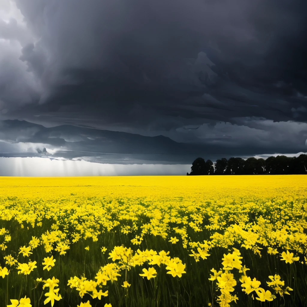 arafed view of a field of yellow flowers with a dark sky, a picture by Gerard Soest, flickr, color field, beautiful and ominous, bad weather approaching, vibrant but dreary gold, against a stormy sky, ominous beautiful mood, ominous photo, stormy day, yellow and greens, storm in the distance, storm in distance, yellow and green