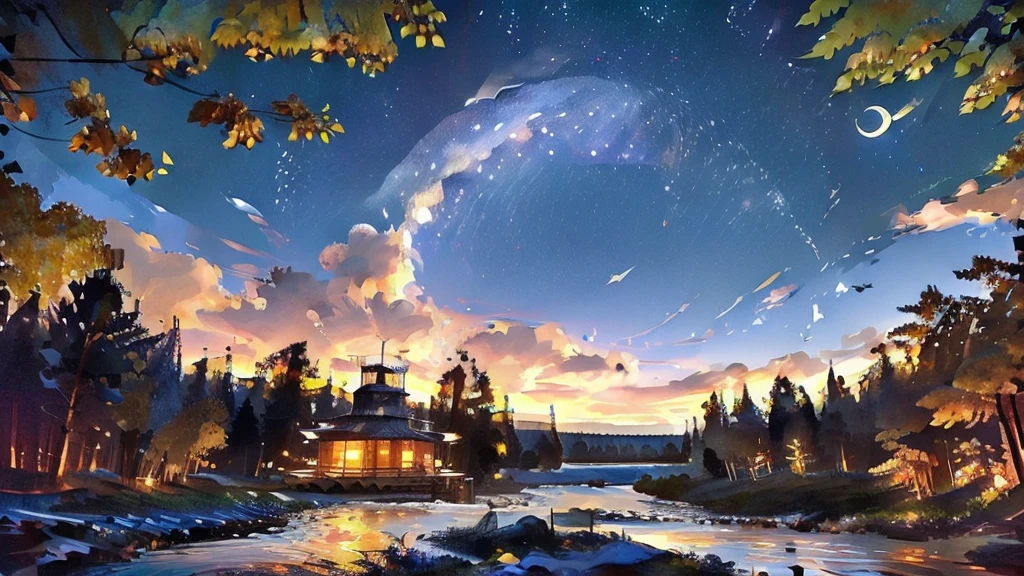A forest at night where you can hear the murmuring of a river、I can see the hut