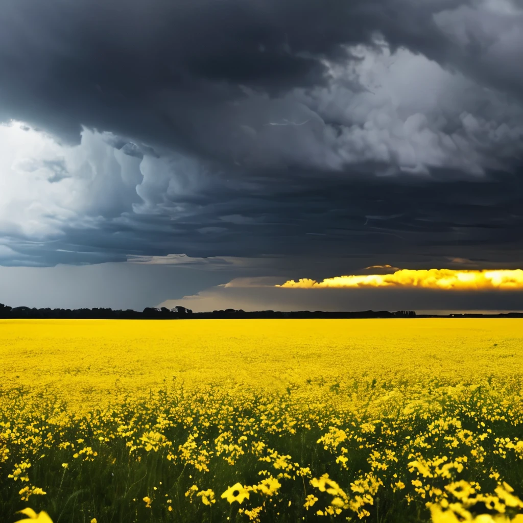 arafed view of a field of yellow flowers with a dark sky, a picture by Gerard Soest, flickr, color field, beautiful and ominous, bad weather approaching, vibrant but dreary gold, against a stormy sky, ominous beautiful mood, ominous photo, stormy day, yellow and greens, storm in the distance, storm in distance, yellow and green